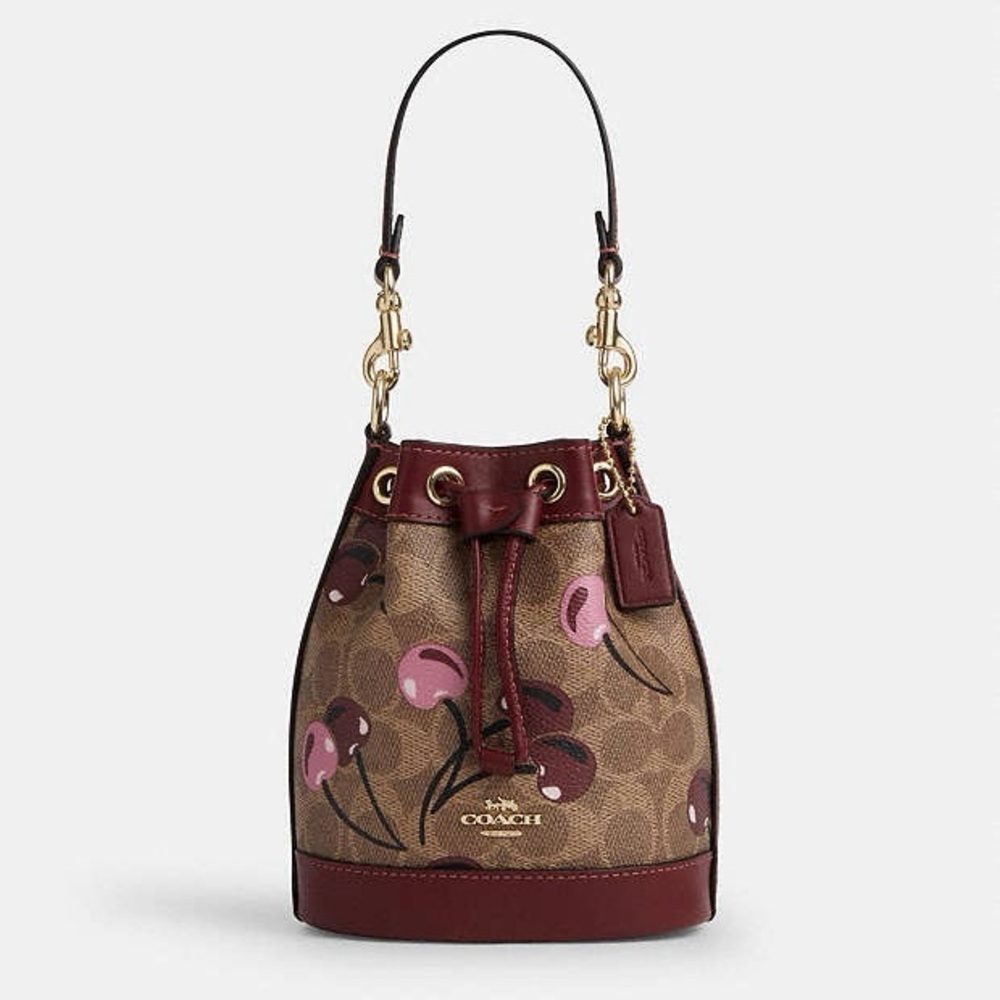 COACH Cherry Print Bucket Bag - Brown and Pink | CY738